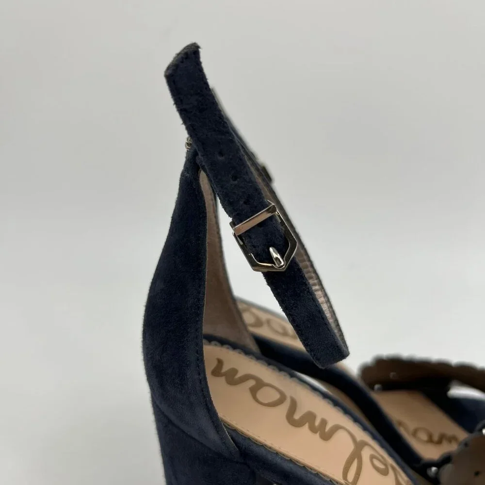 Sam Edelman Blue Suede Scalloped Edge Block Heels | Size 8.5 - Picture 2 of 9